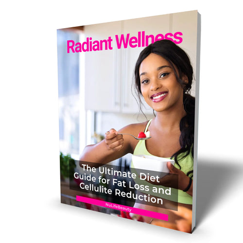 Cover of the Radiant Wellness diet guide eBook by NuLifeBeauty, with a smiling woman eating a strawberry