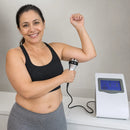 Woman using the 9-in-1's 6-polar body RF head on her upper arm