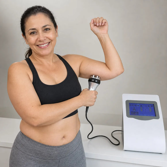 Woman using the 9-in-1's 6-polar body RF head on her upper arm