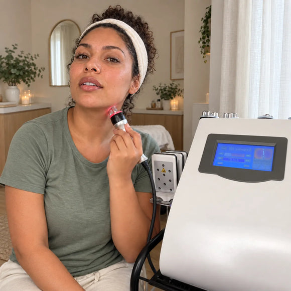 Woman using the 9-in-1's 3-polar RF head with red light on her neck