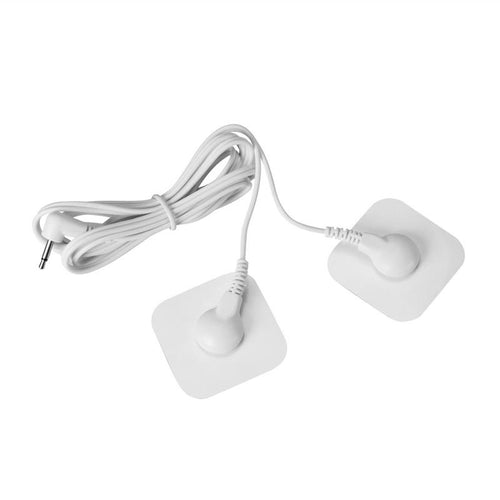 Pair of square electrode sticky pads clipped to the included white EMS cable
